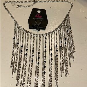 Paparazzi necklace and earring set w/cascading silver chains and black beads.